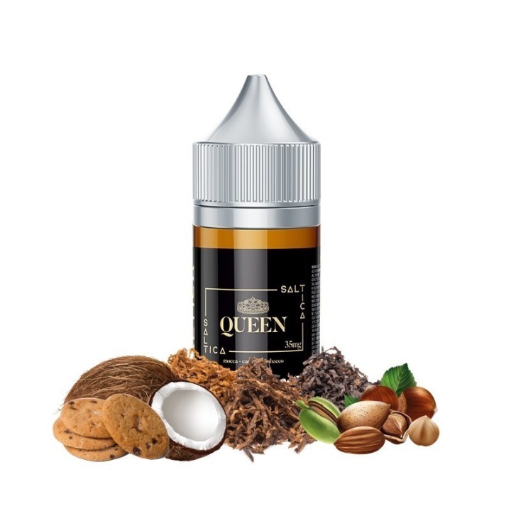 Saltica Queen Salt Likit: Kahve, Kurabiye, Hindistan Cevizi ve Tütün Aromalı.