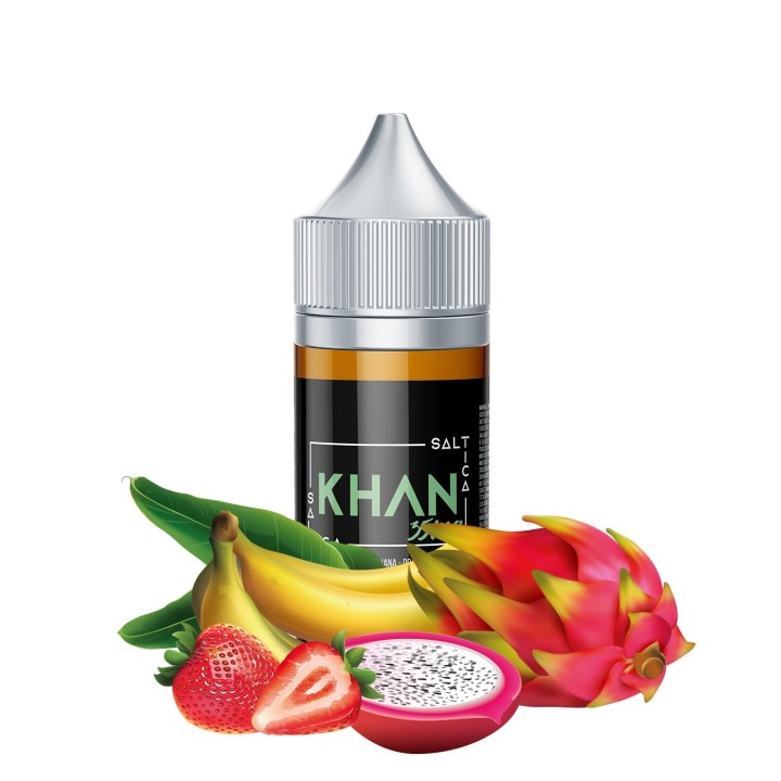 Saltica Khan Salt Likit muz, çilek ve ejder meyveli aroma.