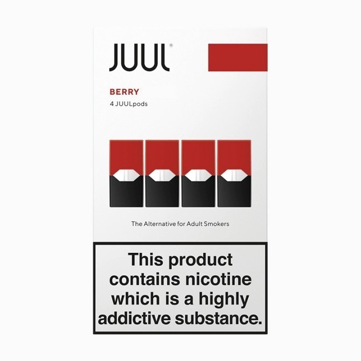 Juul Berry 5% Kartuş Paketi, 4 Kırmızı ve Siyah Pod İçerir.