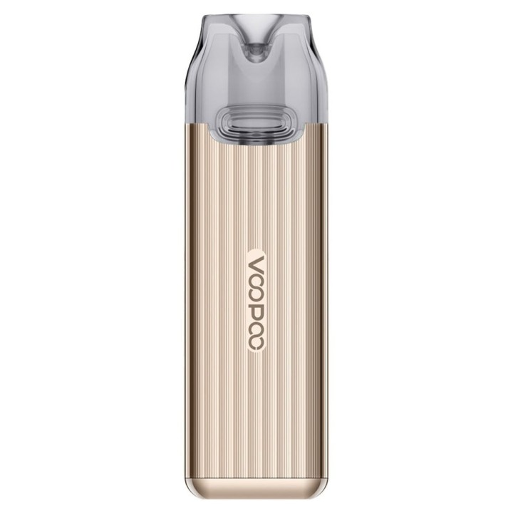 Voopoo VMate Infinity Edition Pod Mod altın renkli, dikey çizgili gövde.