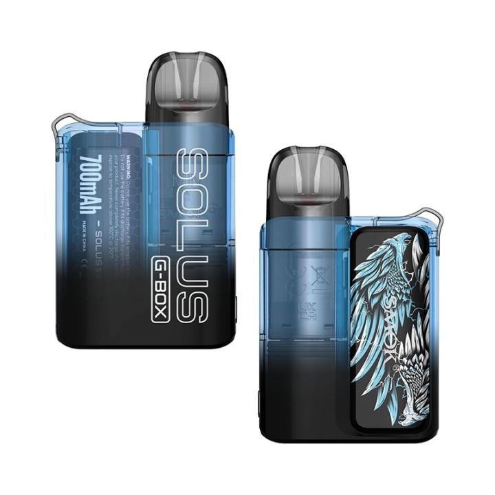 Smok Solus G Box Pod Mod 700mAh mavi şeffaf gövde ve kartal desenli.
