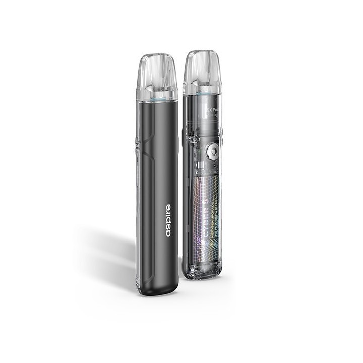 Aspire Cyber S Pod Mod, gri renkli, şeffaf görünümlü elektronik sigara.