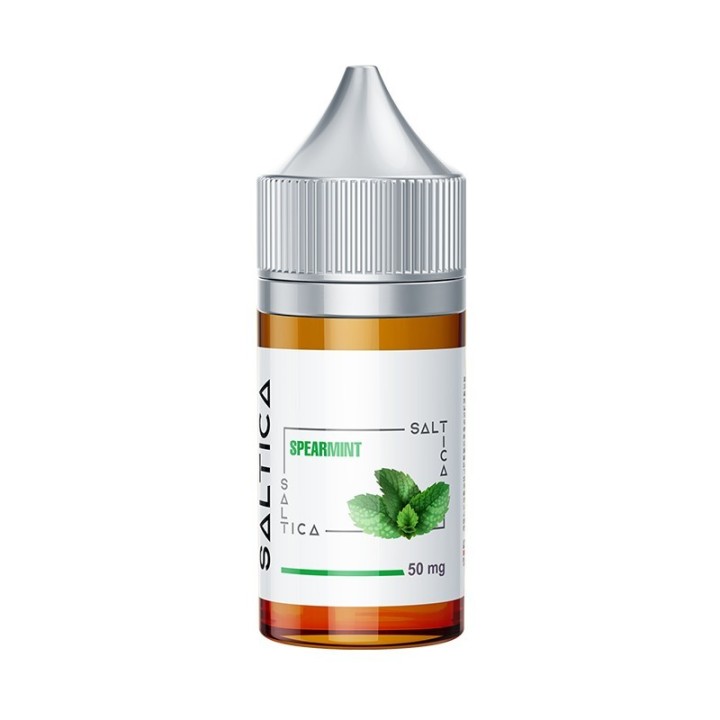 Saltica Spearmint Salt Likit 50 mg amber şişede nane yaprağı görseli.
