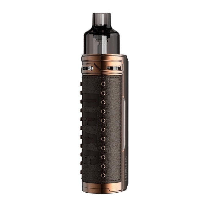 Voopoo Drag X Pod Mod kahve deri kaplama, bronz detaylı elektronik sigara.