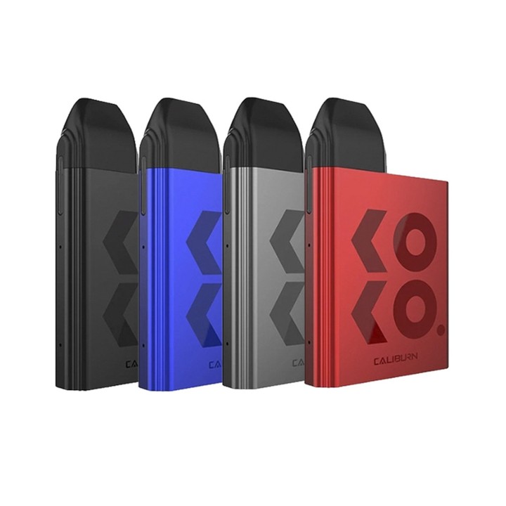 Uwell Caliburn Koko Pod Mod renk seçenekleri siyah, mavi, gri ve kırmızı.