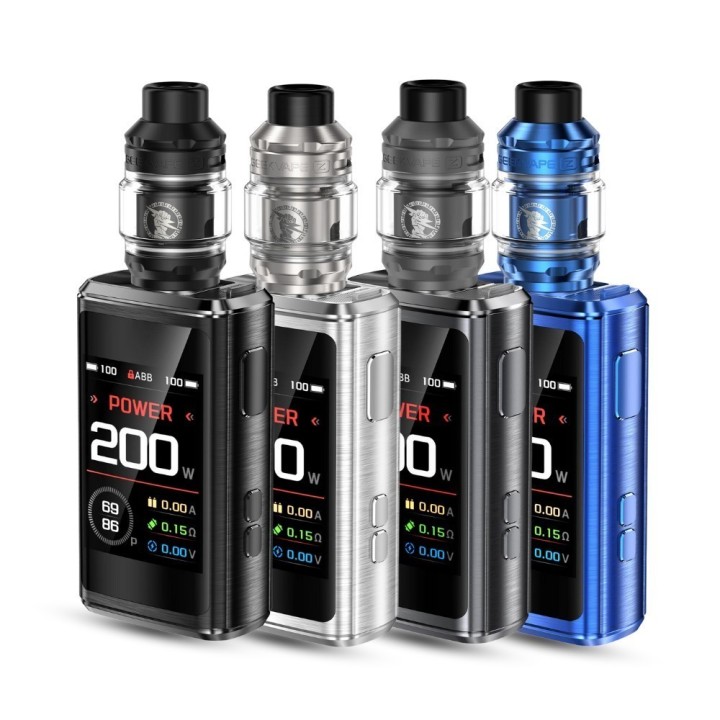 GeekVape Z200 Pod Mod siyah, gümüş, gri ve mavi renk seçenekleri.