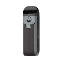Smok Nord 4 Pod Mod gri deri görünümlü, kırmızı dikişli elektronik sigara cihazı.