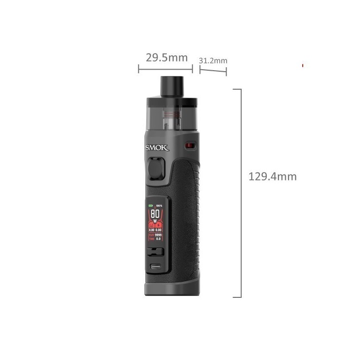 Smok RPM 5 Pro Pod Mod cihazının siyah renkli, boyutları belirtilmiş teknik çizimi.