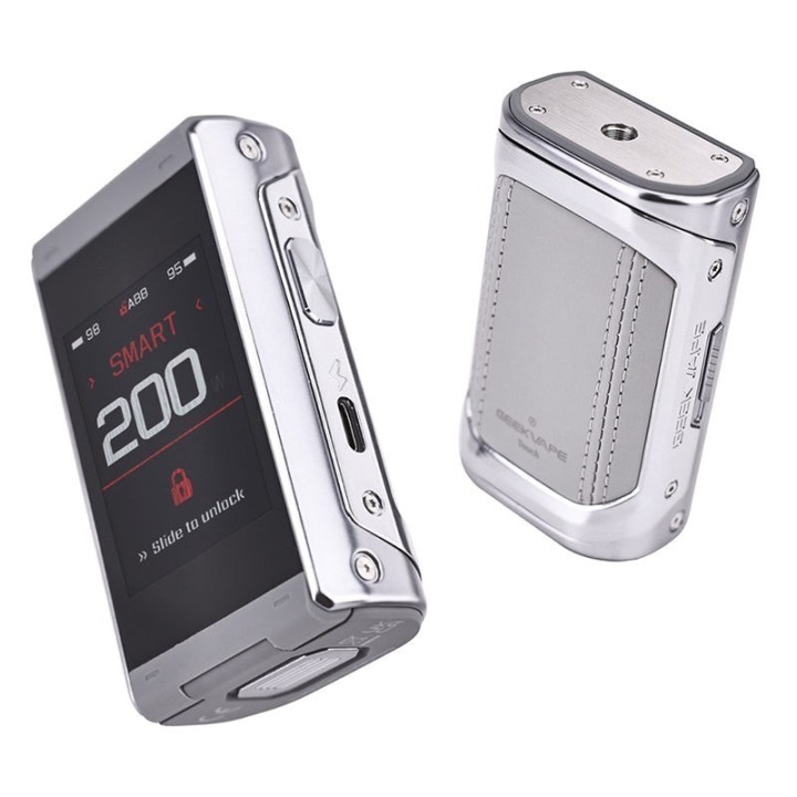 GeekVape T200 Pod Mod gümüş rengi, dokunmatik ekranlı, şık elektronik sigara.