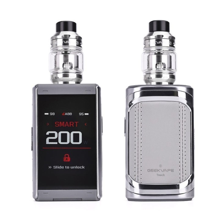 GeekVape T200 Pod Mod gümüş renkli, büyük dokunmatik ekranlı elektronik sigara.