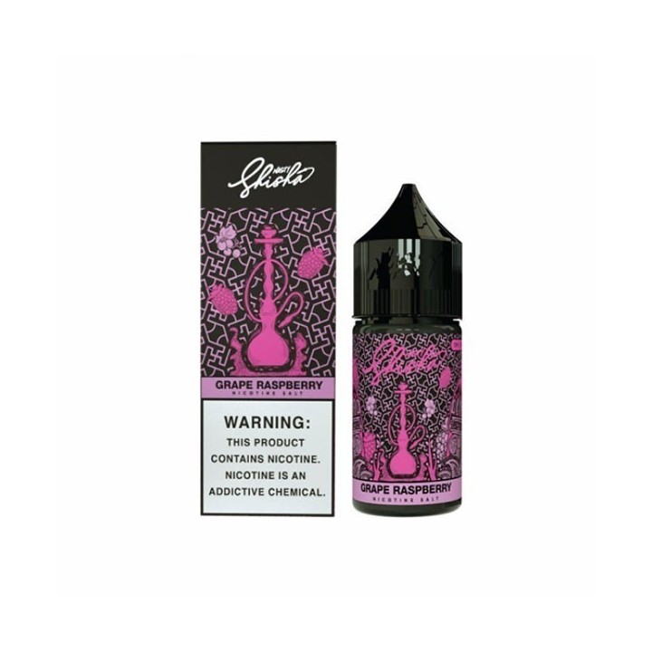 Nasty Juice Shisha Grape Raspberry Salt Likit şişesi ve kutusu.