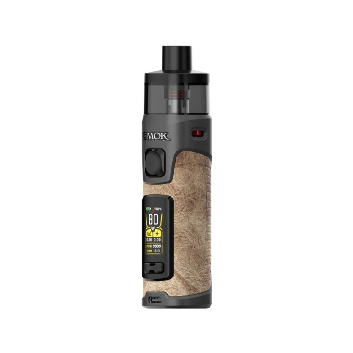 Smok RPM 5 Pod Mod kahverengi deri görünümlü, 80W ayarlı elektronik sigara.