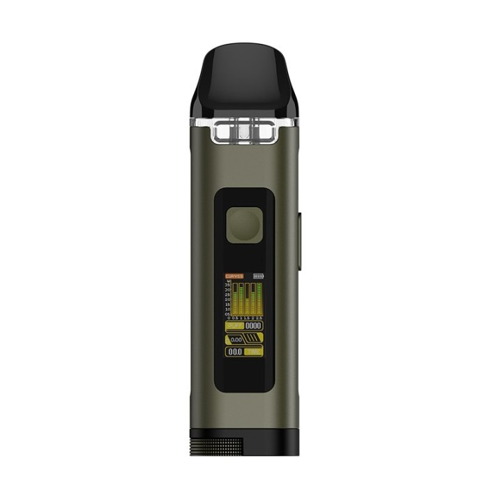 Uwell Crown D Pod Mod yeşil, dijital ekranlı, modern elektronik sigara cihazı.