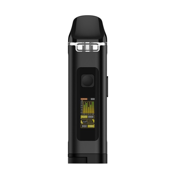 Siyah Uwell Crown D Pod Mod elektronik sigara cihazı, ekran detaylı.