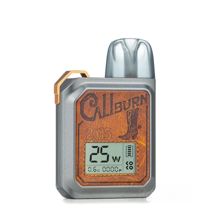 Uwell Caliburn GK3 Pod Mod gri renk, deri görünümlü western tasarım, dijital ekran