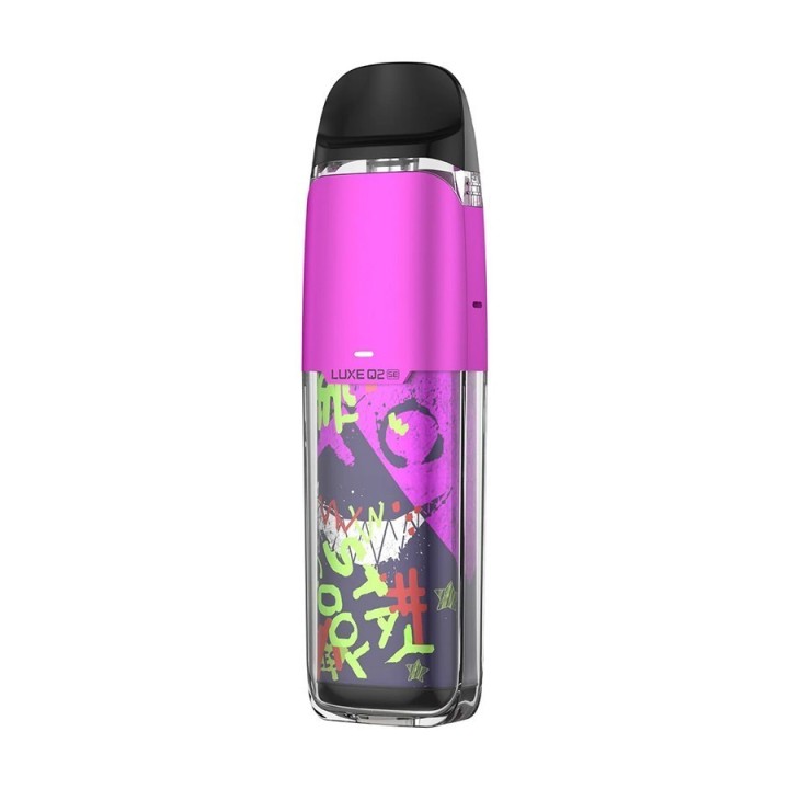 Vaporesso Luxe Q2 SE Pod Mod pembe renkli, grafik baskılı elektronik sigara.