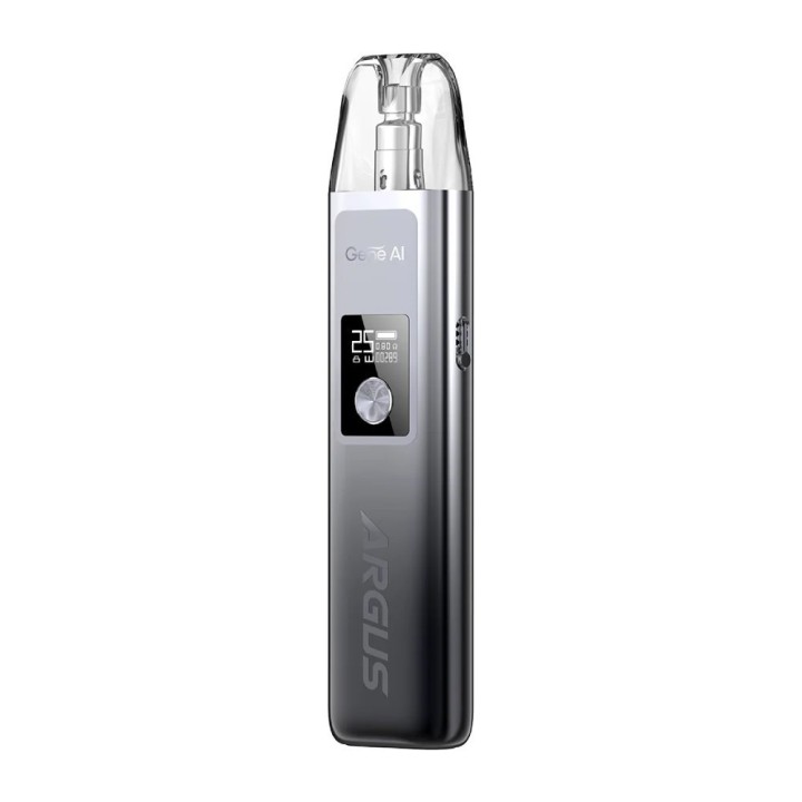 Voopoo Argus G Pod Mod gri renk, şık tasarımlı dijital ekranlı elektronik sigara.