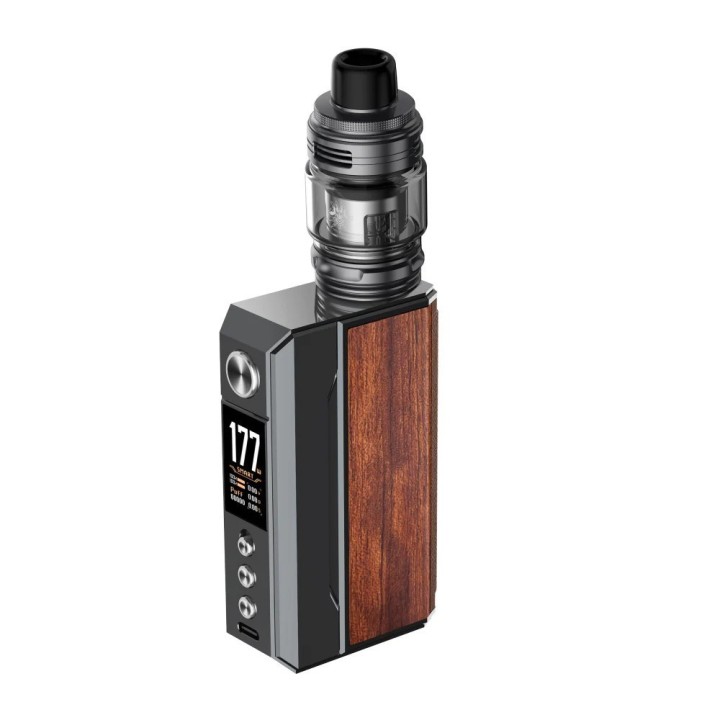 Voopoo Drag 4 Pod Mod ahşap kaplama, gri metal gövde, elektronik sigara