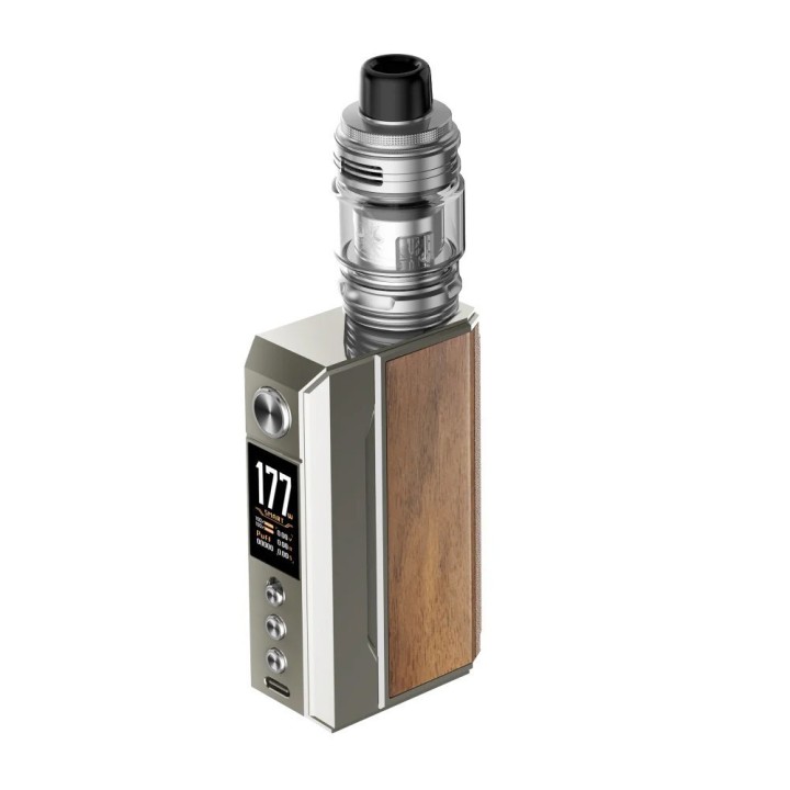 Voopoo Drag 4 Pod Mod gümüş/ahşap görünümlü, yüksek watt ayarlı elektronik sigara.