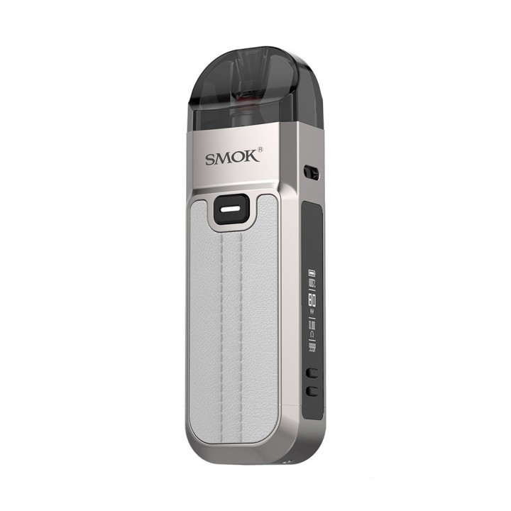 Smok Nord 5 Pod Mod gümüş renkli, deri görünümlü, ayarlanabilir watt vape.
