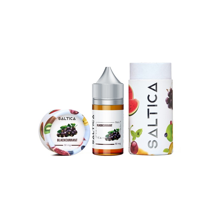 Saltica Blackcurrant Salt Likit 50mg şişe ve kutu ambalajı.