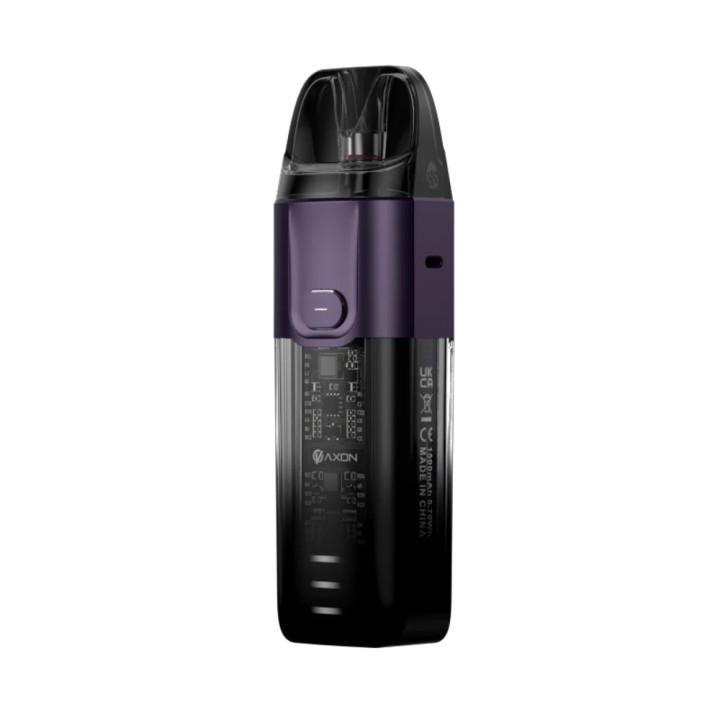 Vaporesso Luxe X Pod Mod Mor renk, şeffaf gövdeli, kompakt elektronik sigara.