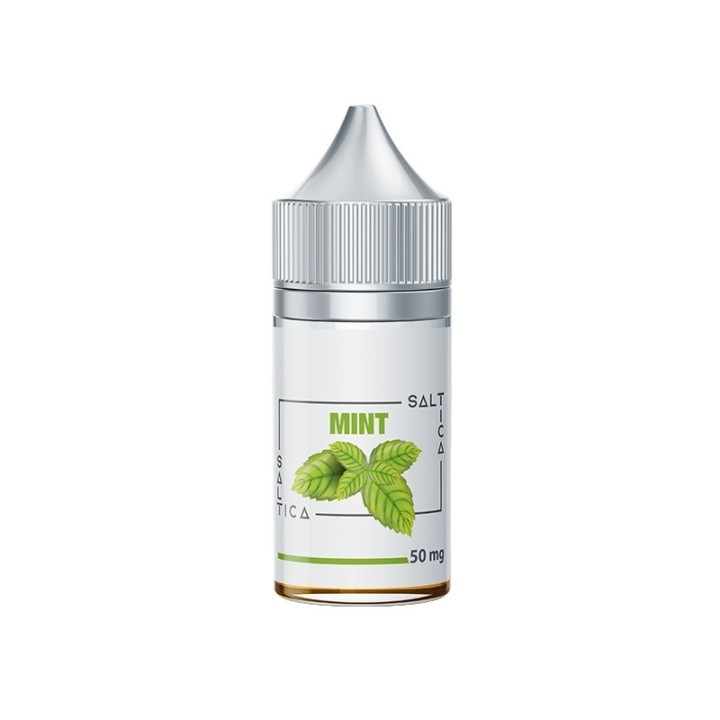 Saltica Mint Salt Likit 50mg, nane yapraklı beyaz şişe tasarımı.