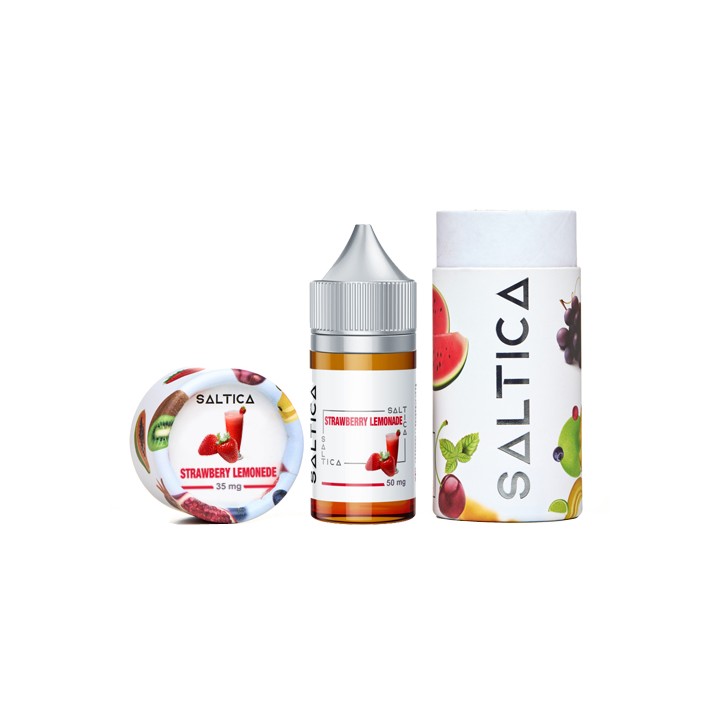 Saltica Strawberry Lemonade Salt Likit 35mg/50mg şişe ve kutu seti.