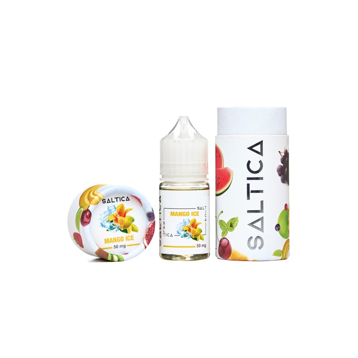 Saltica Mango Ice Salt Likit 50 mg şişe ve kutu ambalajı.