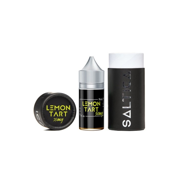 Saltica Lemon Tart Salt Likit 50mg şişe ve ambalaj seti siyah zeminli.