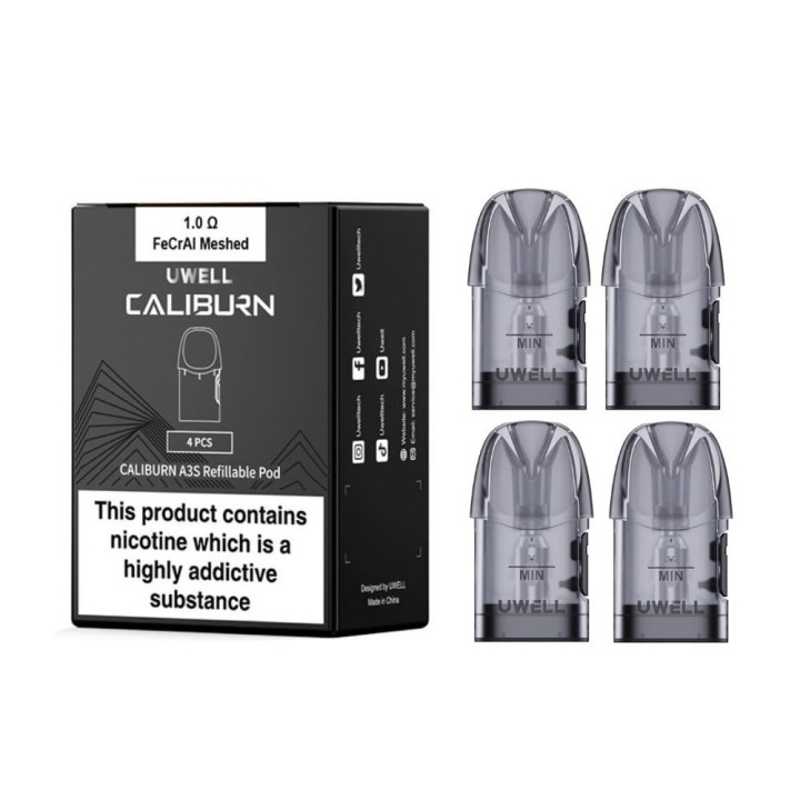 Uwell Caliburn A3S Kartuş 1.0Ω FeCrAl Mesh, 4'lü paket, koyu gri.
