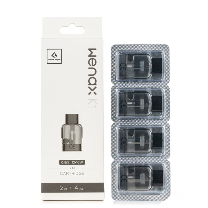 GeekVape Wenax K1 0.8Ω Kartuş 4'lü paket, şeffaf yedek pod.