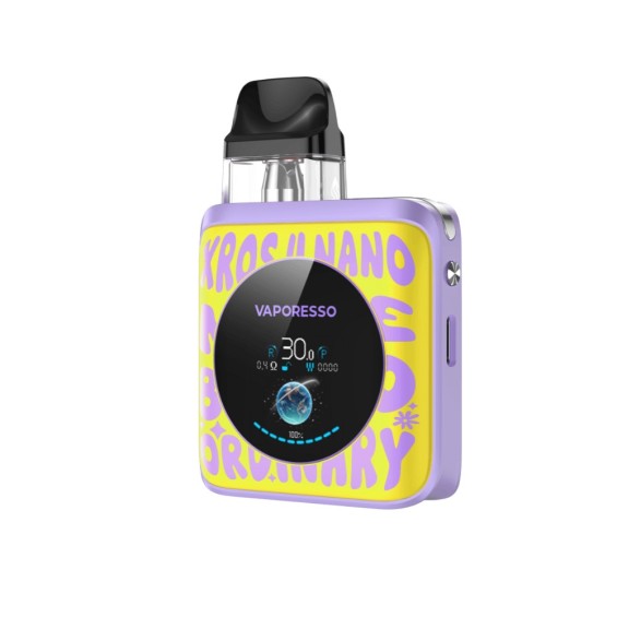 Vaporesso XROS 4 Nano Pod Mod mor-sarı renkli, ekranlı elektronik sigara.