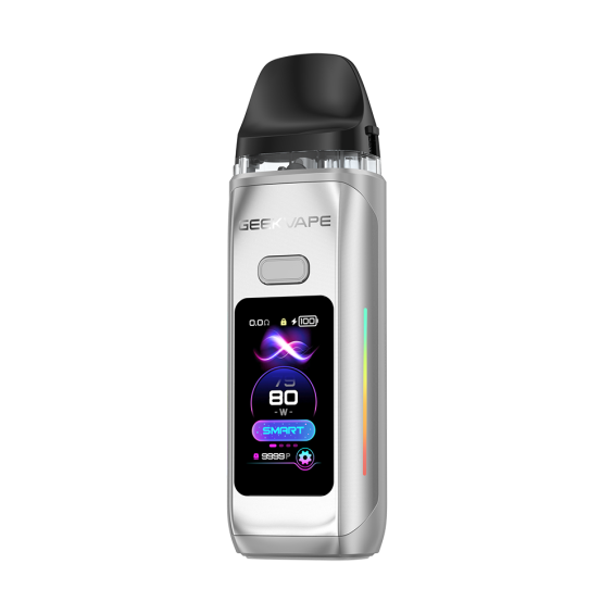 GeekVape Digi Max Pod Mod gümüş renkli, renkli ekranlı elektronik sigara cihazı.