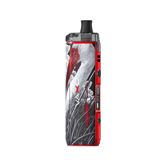 OXVA Origin X Pod Mod kırmızı çerçeveli, turna desenli elektronik sigara.