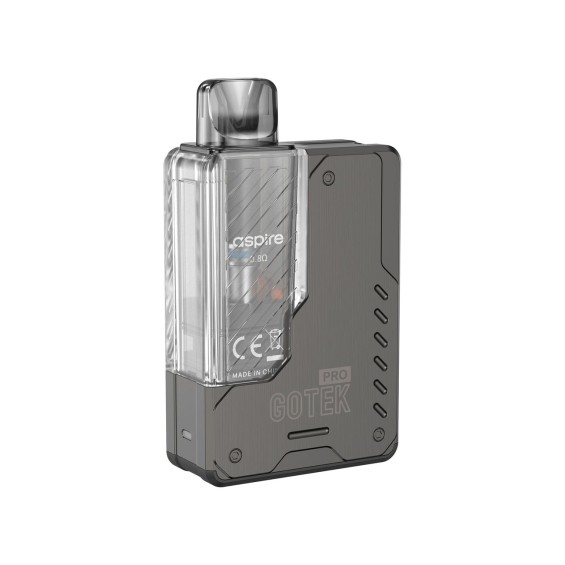 Aspire Gotek Pro Pod Mod koyu gri, şeffaf kartuşlu elektronik sigara.