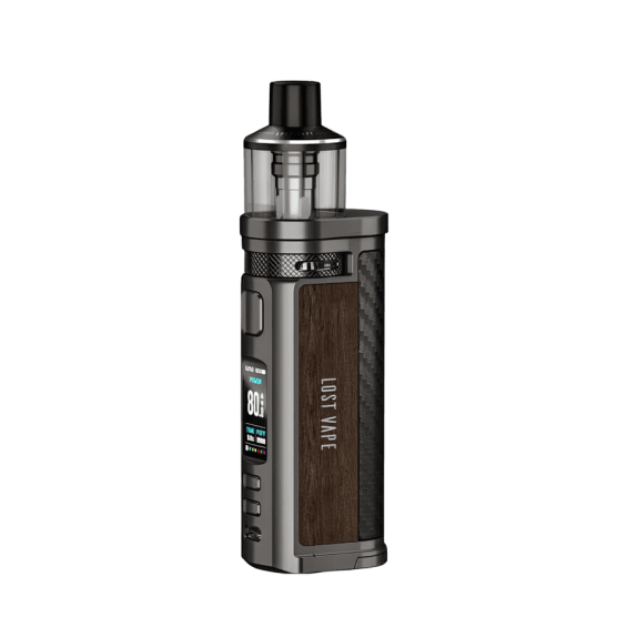 Lost Vape Centaurus Q80 Pod Mod, ahşap ve karbon detaylı, gri gövde.