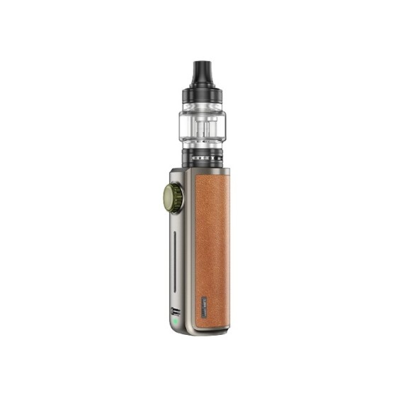 Lost Vape Thelema Go Pod Mod kahverengi deri, gri gövde, vape cihazı.