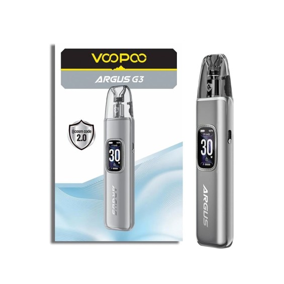 Voopoo Argus G3 Pod Mod gri, dijital ekranlı kompakt elektronik sigara.