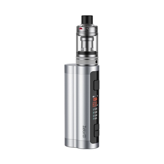 Aspire Zelos X Pod Mod gümüş renkli, ayarlanabilir watt ekranlı elektronik sigara.