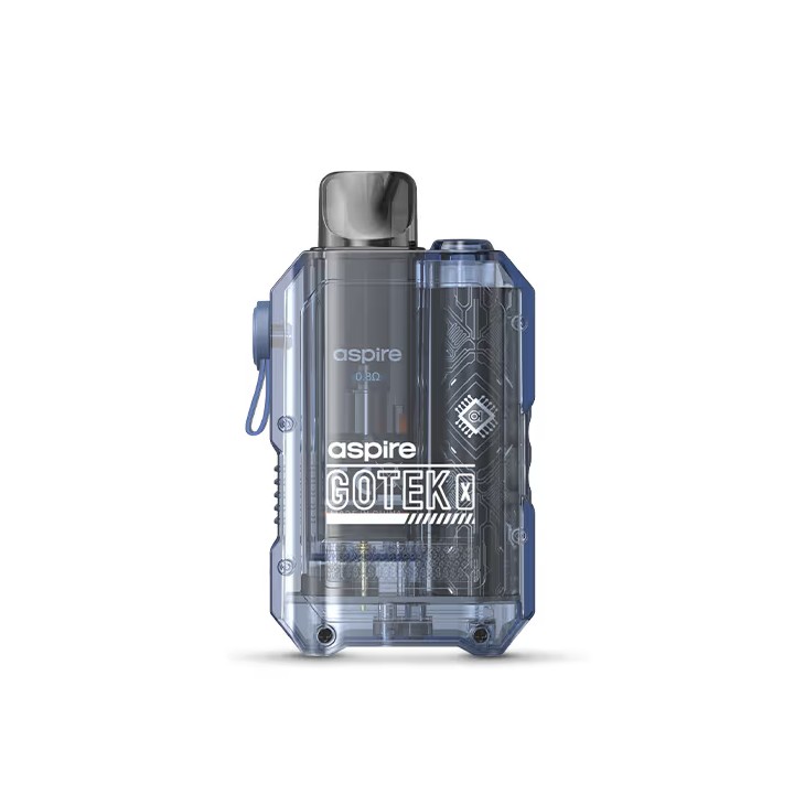 Aspire Gotek X Pod Mod şeffaf mavi, kompakt ve teknolojik tasarım.