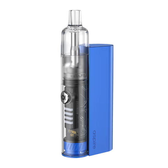 Aspire Cyber GT Pod Mod mavi renk, şeffaf tanklı, futuristik elektronik sigara.