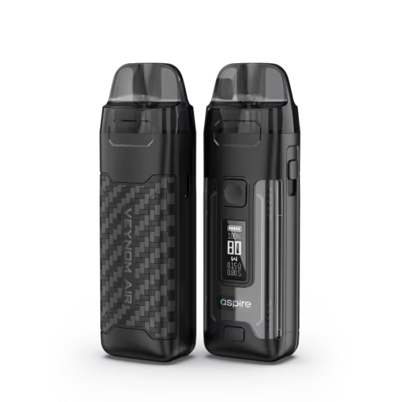 Siyah Aspire Veynom Air Pod Mod, karbon fiber detaylı, dijital ekranlı.