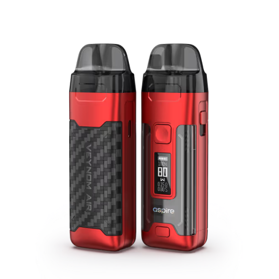 Kırmızı Aspire Veynom Air Pod Mod, karbon fiber detaylı, ekranlı vape cihazı.