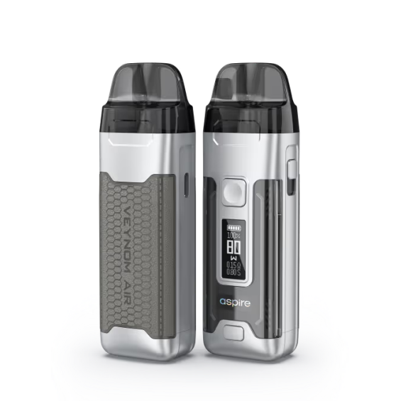 Aspire Veynom Air Pod Mod gümüş renkli, dijital ekranlı, deri detaylı.