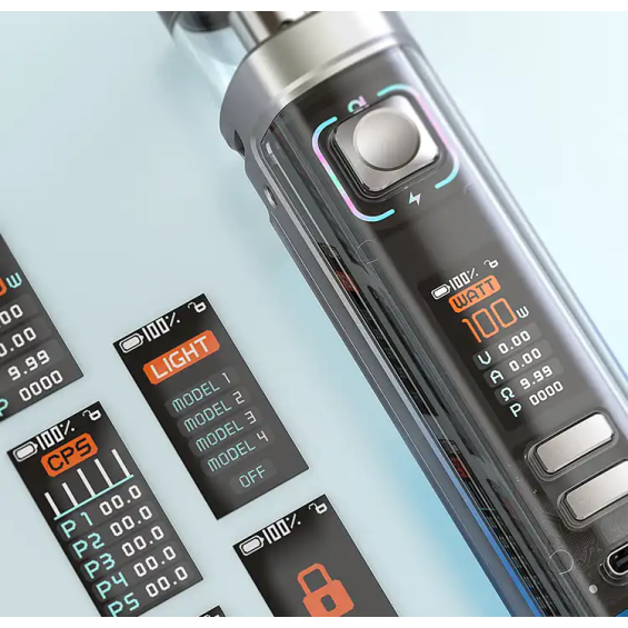 Aspire Veynom LX Pod Mod şeffaf gövde ve 100W ekran ayarları.