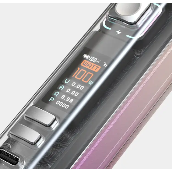 Aspire Veynom LX Pod Mod şeffaf gövde ve 100W ekran detayı.