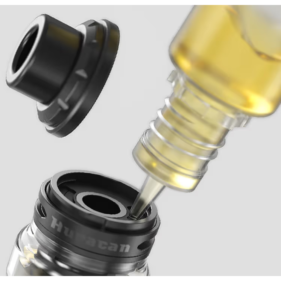 Aspire Revolto Pod Mod dolum prosedürü, likit şişesi ile tank dolum ağzı detayı.