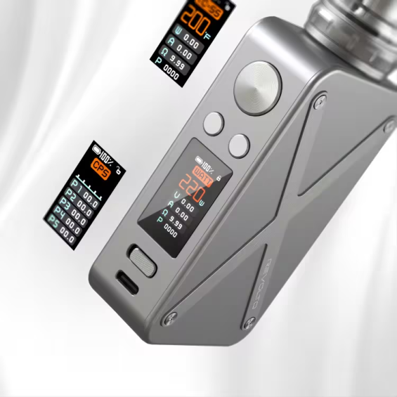 Aspire Revolto Pod Mod gri renk, 220W ayarlı dijital ekran gösterimi.