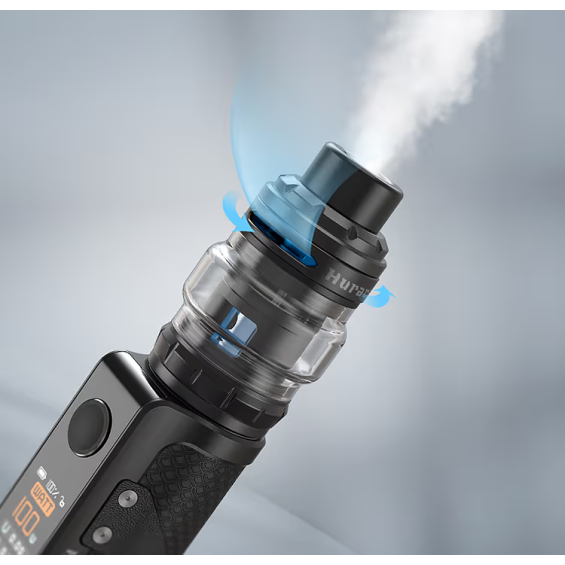 Aspire Huracan EX Pod Mod siyah renkli, buhar çıkışını gösteren yakın çekim.